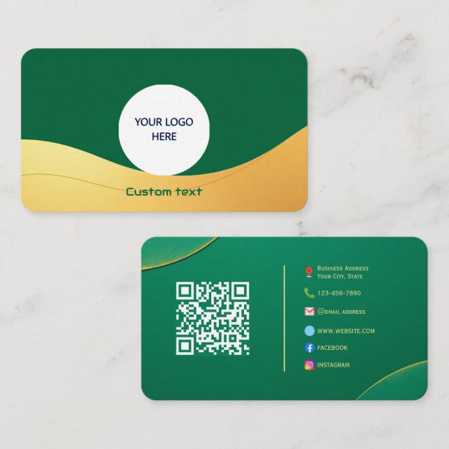 Cartão de visita Elegante Verde e Dourado com QR (Frente/Verso)