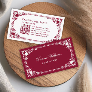 Cartão De Visita Elegante Vintage Burgundy Escrita Branca e Código