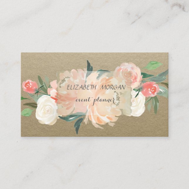 Cartão De Visita Elegante Vintage, Kraft, Flores (Frente)