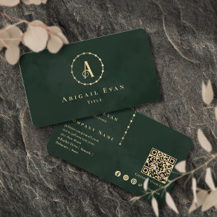 Cartão De Visita Elegante Vintage Monograma Único Esmeralda Verde E