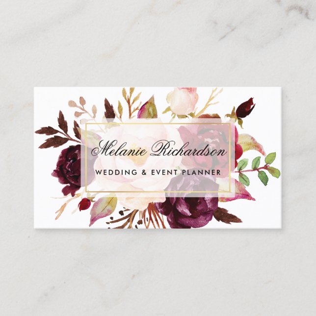 Cartão De Visita Elegante Watercolor Burgundy Marsala Floral Dourad (Frente)