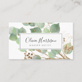 Cartão De Visita Elegante Watercolor Folha Dourada verde