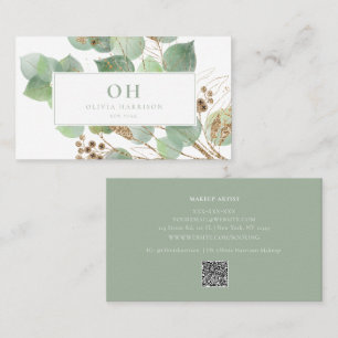 Cartão De Visita Elegante Watercolor Folha Dourada verde