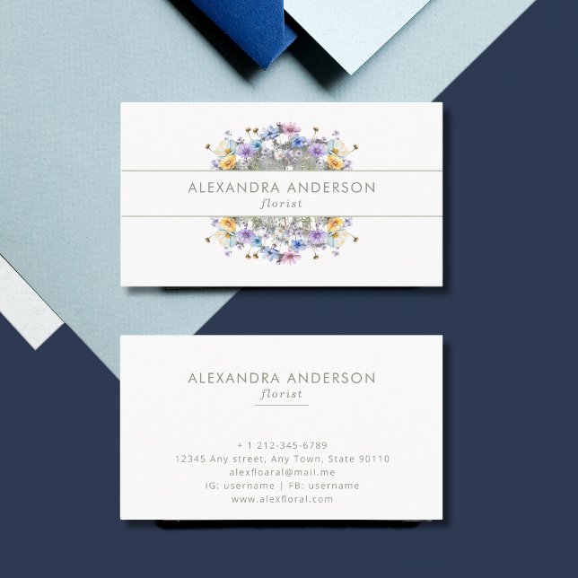 Cartão De Visita Elegante Watercolor Wreath Selvagens (Elegant Watercolor Wildflowers Wreath Business Card)