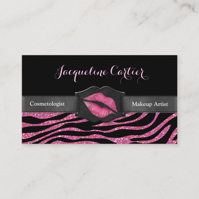 Cartão De Visita Elegante Zebra Rosa Glitter Kiss Cosmetólogo (Frente)