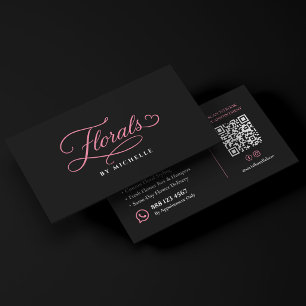 Cartão De Visita Elegantes Florais Script Preto Rosa Florista