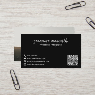Cartão De Visita Elemento elegante do código QR de foto preto simpl