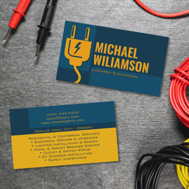 Cartão De Visita Eletricista Licenciado Profissional Trabalho Elétr (Professional licensed electrician business card with bold typography and lightning bolt accent)
