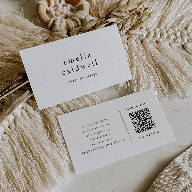 Cartão De Visita EMELIA Boho Código QR Neutro de Chic Único Minimal (EMELIA Boho Minimalist Unique Chic Neutral QR Code Business Card)