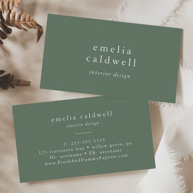 Cartão De Visita EMELIA Rustic Simple Modern Sage Green Olive Boho (EMELIA Rustic Simple Modern Sage Green Olive Boho Business Card)