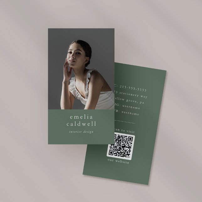 Cartão De Visita EMELIA Sage Green Boho Rustic Foto Moderna Simples (EMELIA Sage Green Boho Rustic Simple Modern Photo Business Card)