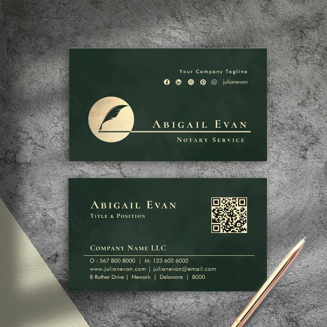 Cartão De Visita Emerald Green Gold Feather Logo Notary Service (Emerald Green Gold Feather Logo Notary Service Business Card)