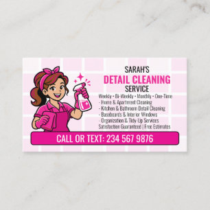 Cartão De Visita Empregada de desenho animado QR com detalhes rosa