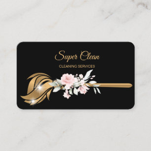 Cartão De Visita Empregada limpando a casa brilhante floral dourado