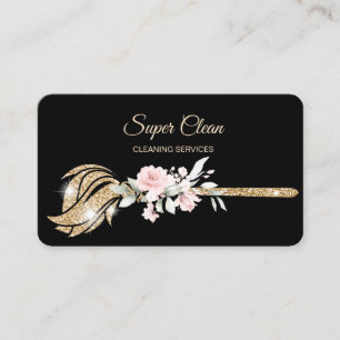 Cartão De Visita Empregada limpando a casa brilhante floral dourado