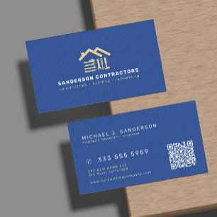 Cartão De Visita Empresa de construção moderna azul real ouro QR