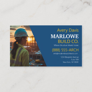 Cartão De Visita Empresa de Construção Moderna Foto Azul e Amarelo
