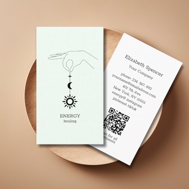 Cartão de Visita Empresarial Código QR Verde Lua S (Green Hand Sun Moon Illustration QR Code Business Card. Modern Whimsical. )