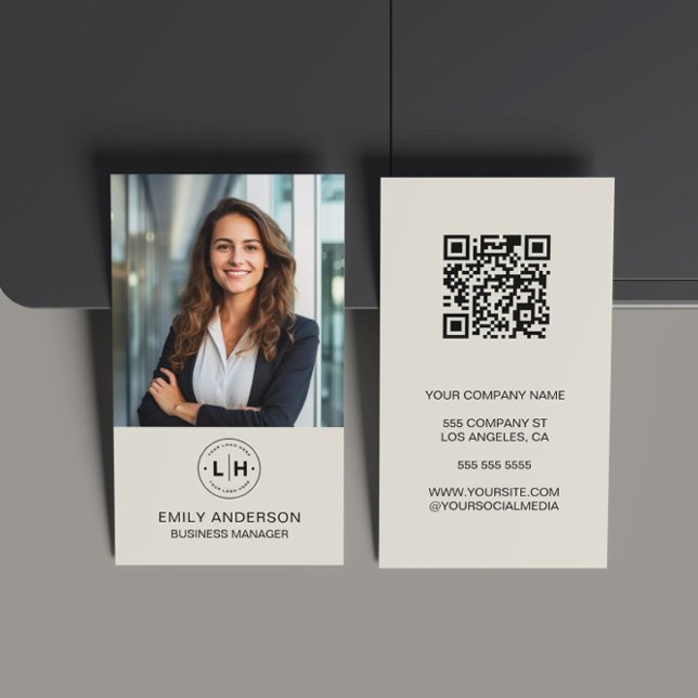 Cartão de Visita Empresarial com QR Code e Logotip (Modern Minimalist Custom Photo Logo QR Code Business Card)