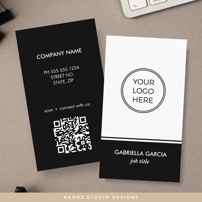 Cartão de Visita Empresarial Logo Simples Código Q (Image shows the front and back of the card, with square corners, size 3.5 x 2 inches. )