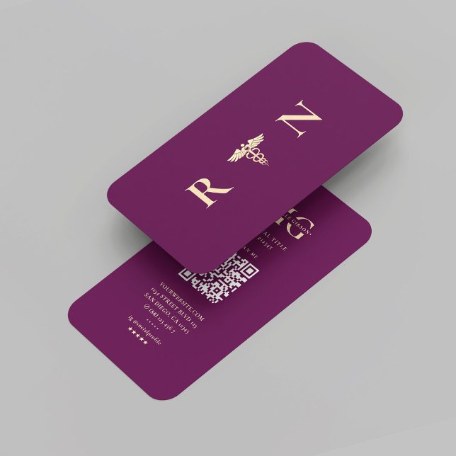Cartão De Visita Enfermeira de Monograma Dourado Roxo de luxo moder (Modern Luxury Purple Gold RN Monogram Nurse Business Card
)