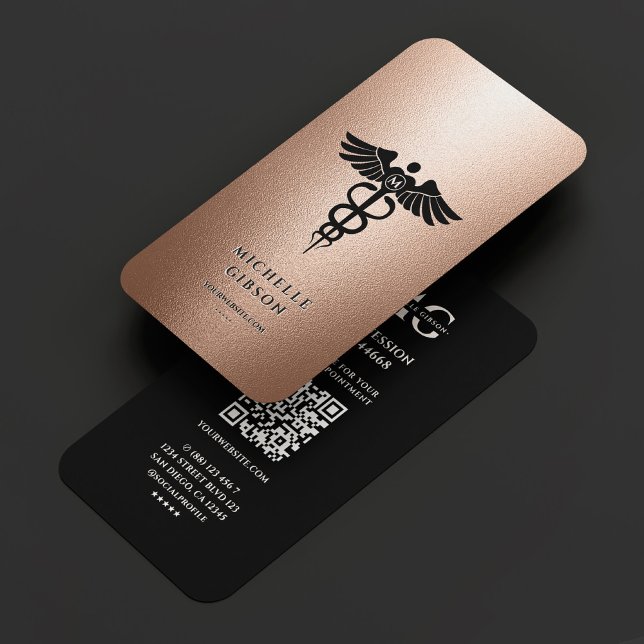Cartão De Visita Enfermeira Médica Elegante Black Caduceus Rosegold (Elegant Medical Nurse Black Caduceus Rosegold Business Card
)