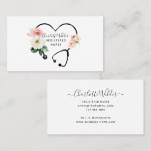 Cartão De Visita Enfermeira Registrada Estetoscópio Floral Aquarela