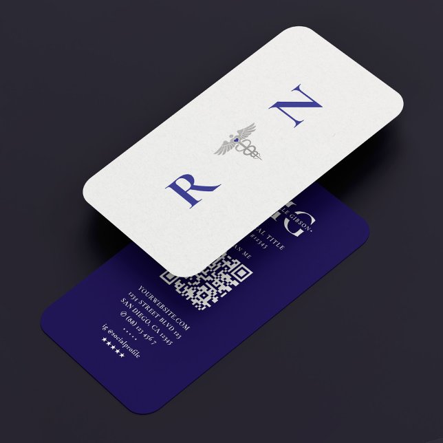 Cartão De Visita Enfermeiro Viagem de Caduceus Dark Monograma Moder (Modern Monogram Dark Blue RN Caduceus Travel Nurse Business Card
)
