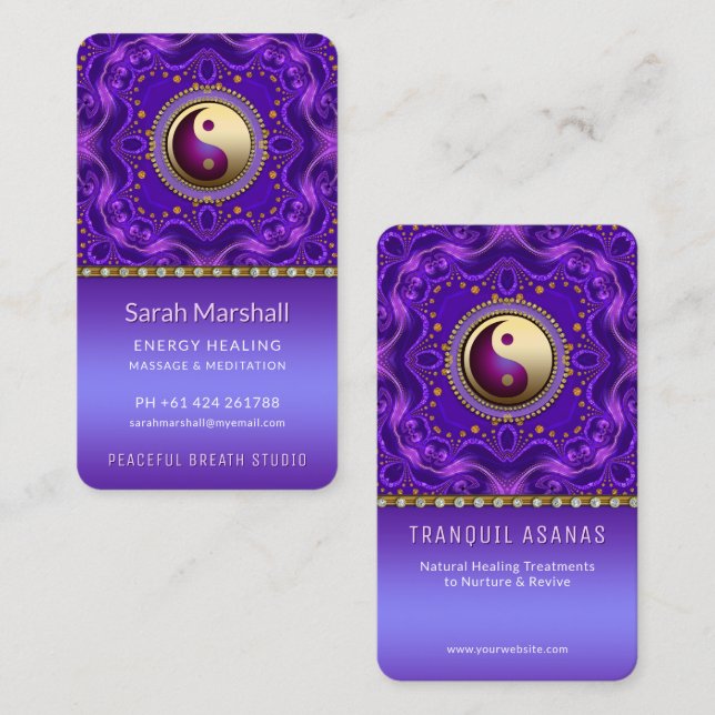 Cartão De Visita Equilíbrio Dourado Roxo Mandala Tranquilo Holístic (Frente/Verso)