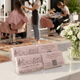 Cartão De Visita Esboço de Flor Silvestre Elegante Código QR Rosa B