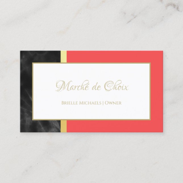 Cartão De Visita Esboço Dourado Elegante, vermelho e preto, mármore (Frente)