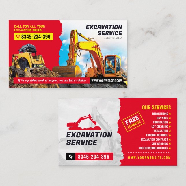 Cartão De Visita Escavação, popa, limpeza de terras, Trator, Bush (Frente/Verso)