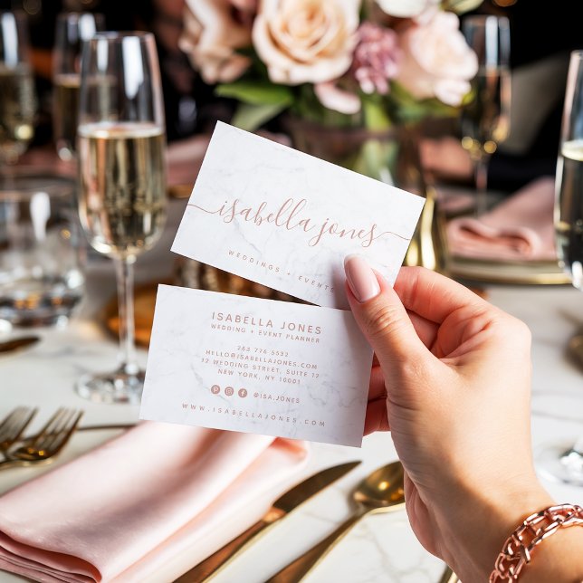 Cartão De Visita Escrito de assinatura rosa ouro de mármore branco  (Minimalist white marble rose gold signature script)