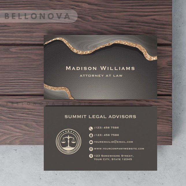 Cartão De Visita Escritório Dourado da Lei de Monograma da Mármore  (Custom Gold Black Grey Marble Monogram Law Office Business Card)