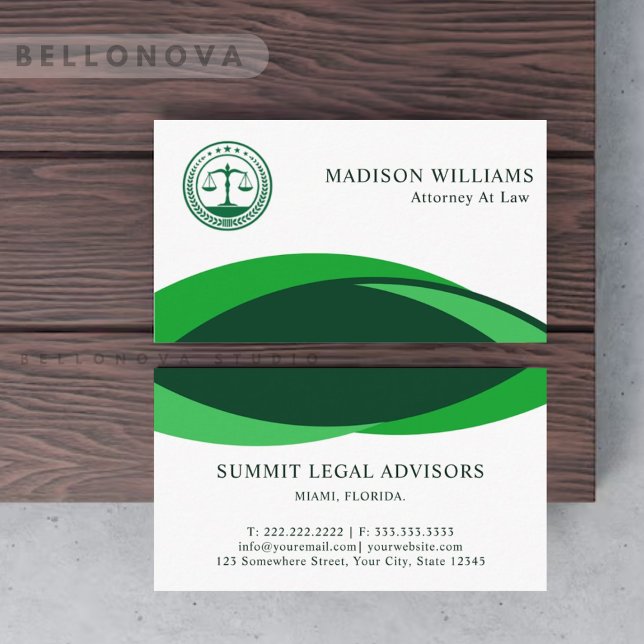 Cartão De Visita Escritório Jurídico Verde Escuro e Branco Personal (Custom Light White Dark Green Legal Office Business Card)