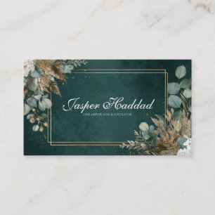 Cartão De Visita Esmeralda Rústica Dourado Eucalipto Branco Floral 