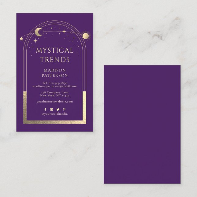 Cartão De Visita Espaço Místico Roxo Dourado da Lua Solar Astronômi (Frente/Verso)