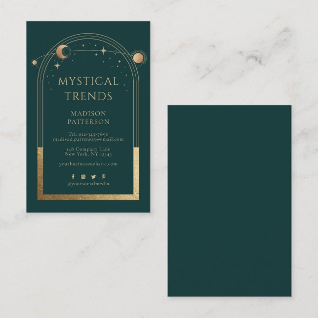 Cartão De Visita Espaço Místico Verde Dourado da Lua Solar Astronôm (Frente/Verso)
