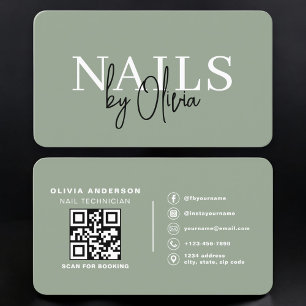 Cartão De Visita Especialista em Unhas Artista Verde Sage Código QR