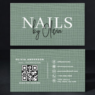 Cartão De Visita Especialista em Unhas Código QR Verde Sage Linen