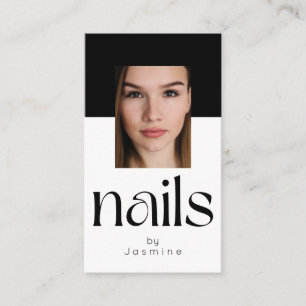 Cartão De Visita Especialista em unhas de foto elegantes em preto e