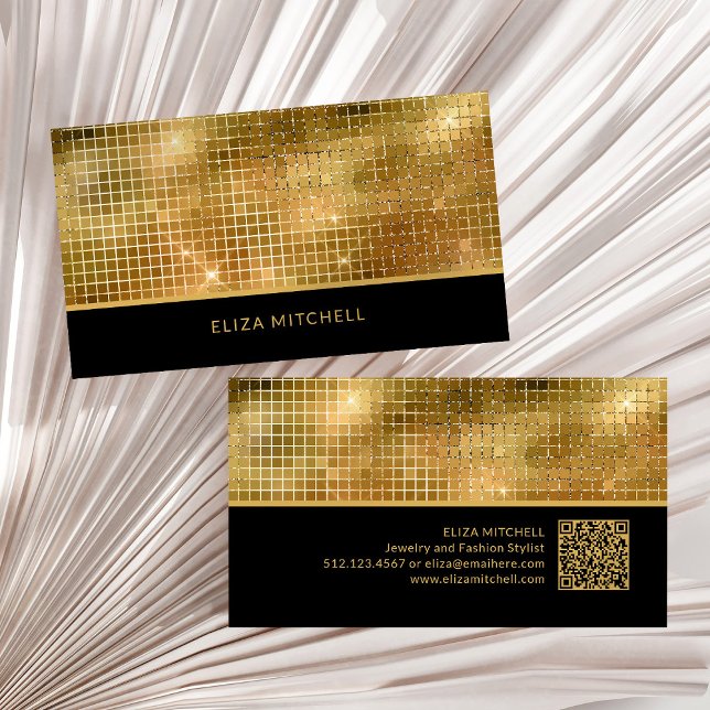 Cartão De Visita Espelhamento de esfera de disco Dourado retrorrefl (A glam, retro and disco-ball inspired black and gold business card, with scannable QR code)