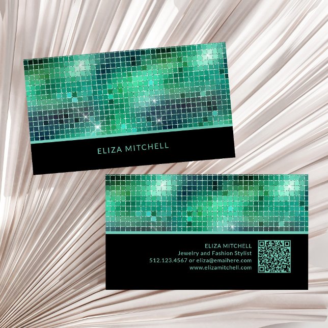 Cartão De Visita Espelhamento de esfera de disco verde retrorreflec (A glam, disco inspired green and black business card, with scannable QR code)