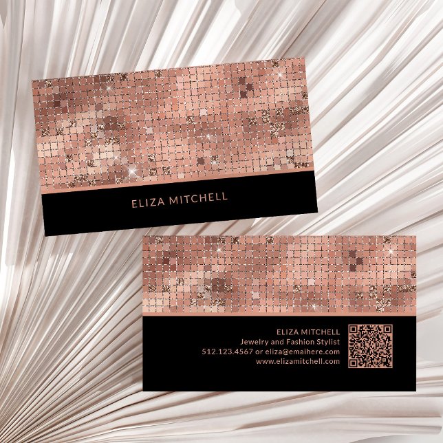 Cartão De Visita Espelho de esfera de disco Dourado do Rosa retrovi (A glam, rose gold and black disco ball inspired business card, with a scannable QR code)