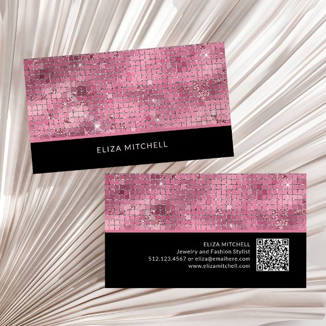 Cartão De Visita Espelho de esfera de disco rosa retrorreflector |  (A glam, disco ball inspired business card in dark pink and black with a scannable QR code)