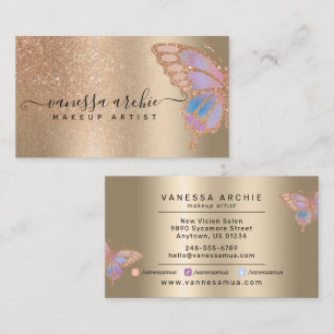 Cartão De Visita Espuma Metálica rosa Dourada Glitter Borboleta Ar