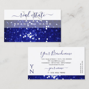 Cartão De Visita Espumante Azul Branco Elegante com Monograma