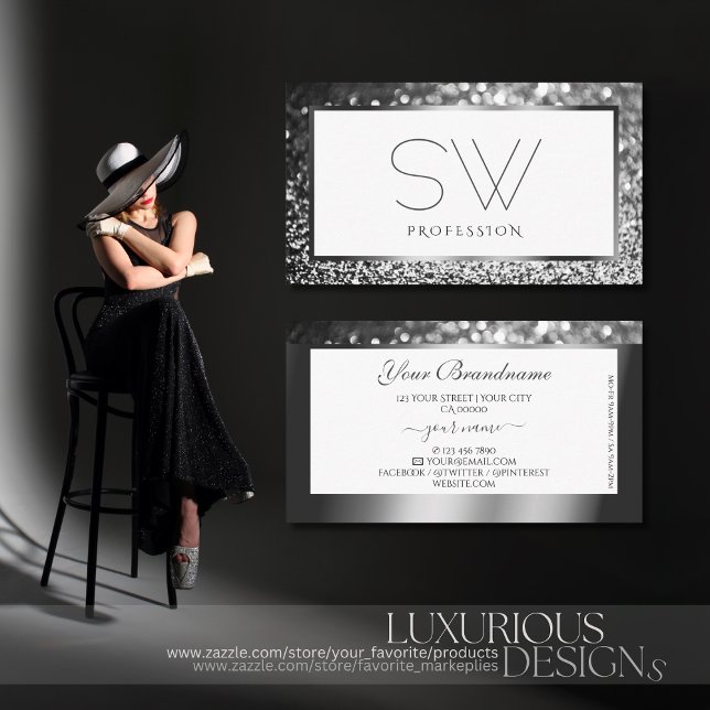 Cartão De Visita Espumante de prata de luxo com brilho no monograma (Criador carregado)