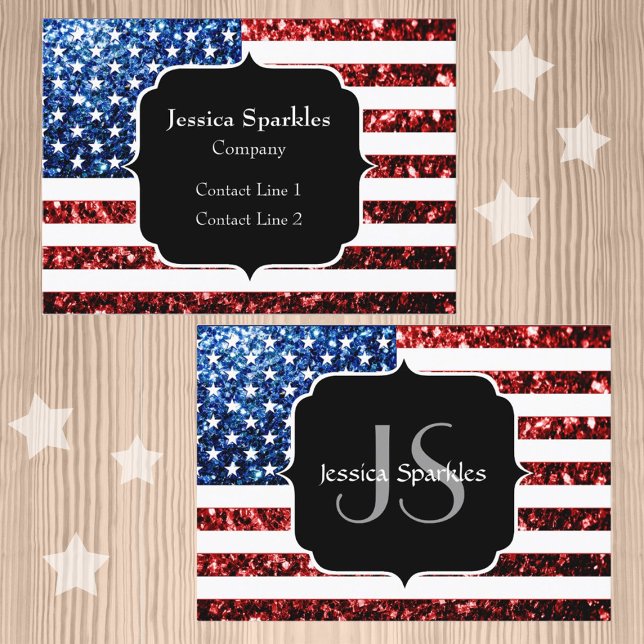Cartão De Visita Estados Unidos: bandeira vermelha e azul brilha mo (Customize patriotic USA flag red and blue faux sparkles glitters print Monogram Business Card)