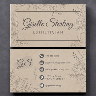 Cartão De Visita Esteticista Bege Arte em Linhas Florais Suede Rasc